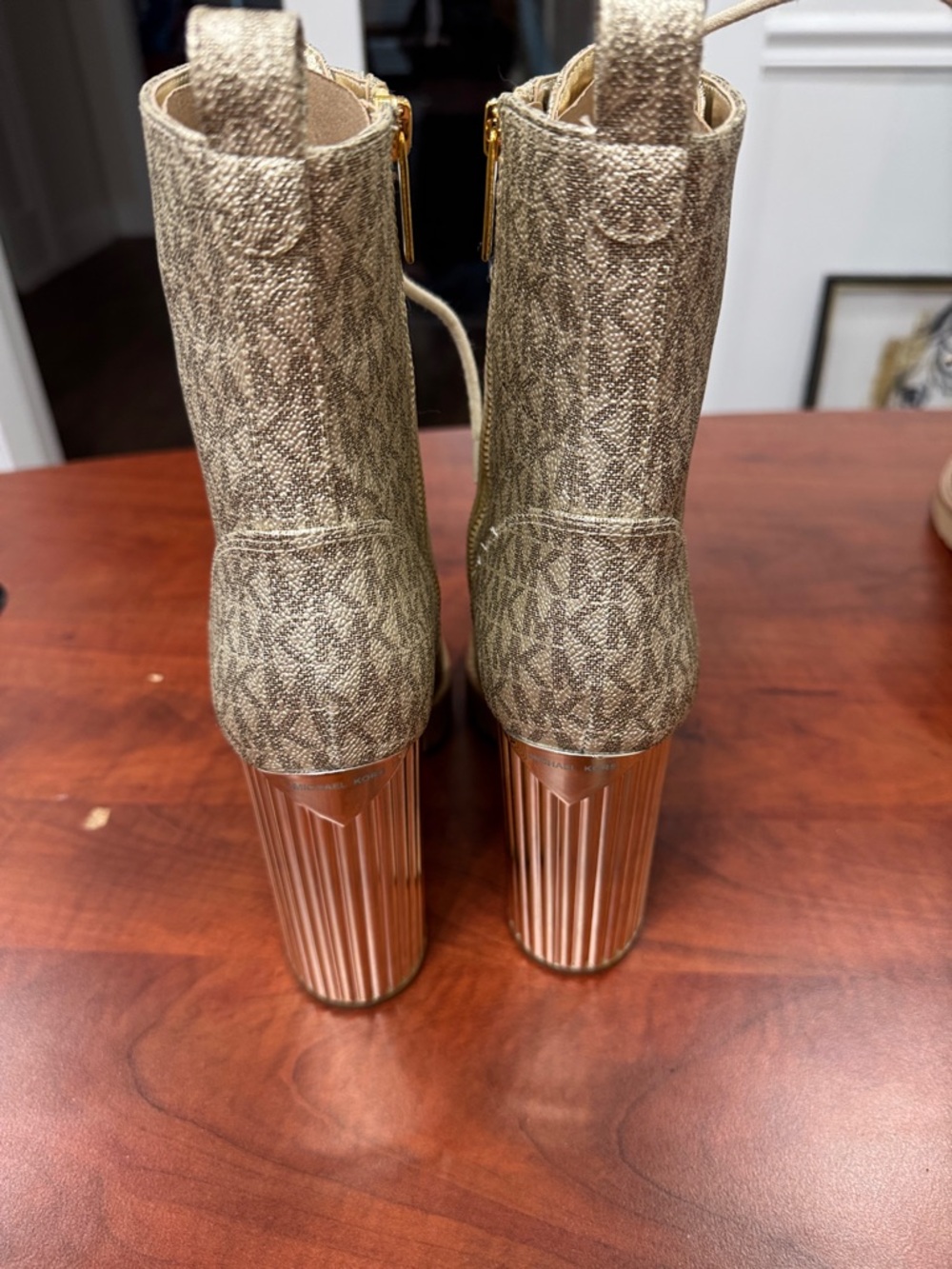 Michael Kors Metallic Gold Lace-Up Logo Combat Boots - Picture 3 of 5